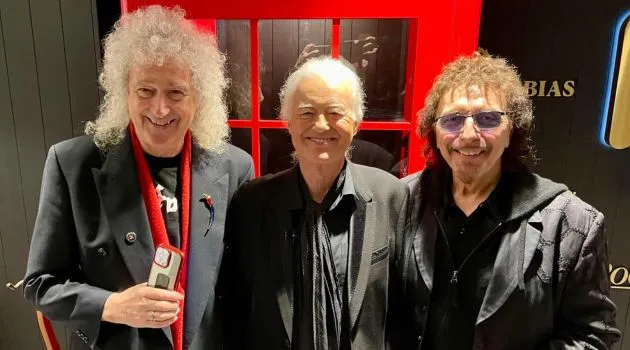 Jimmy Page, Tony Iommi e Brian May inauguram loja da Gibson.