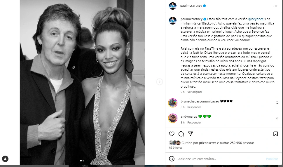 Beyoncé recebe elogios de Paul McCartney por versão de "Blackbird"