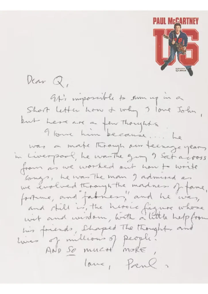 Carta emocionante de Paul McCartney sobre John Lennon será leiloada