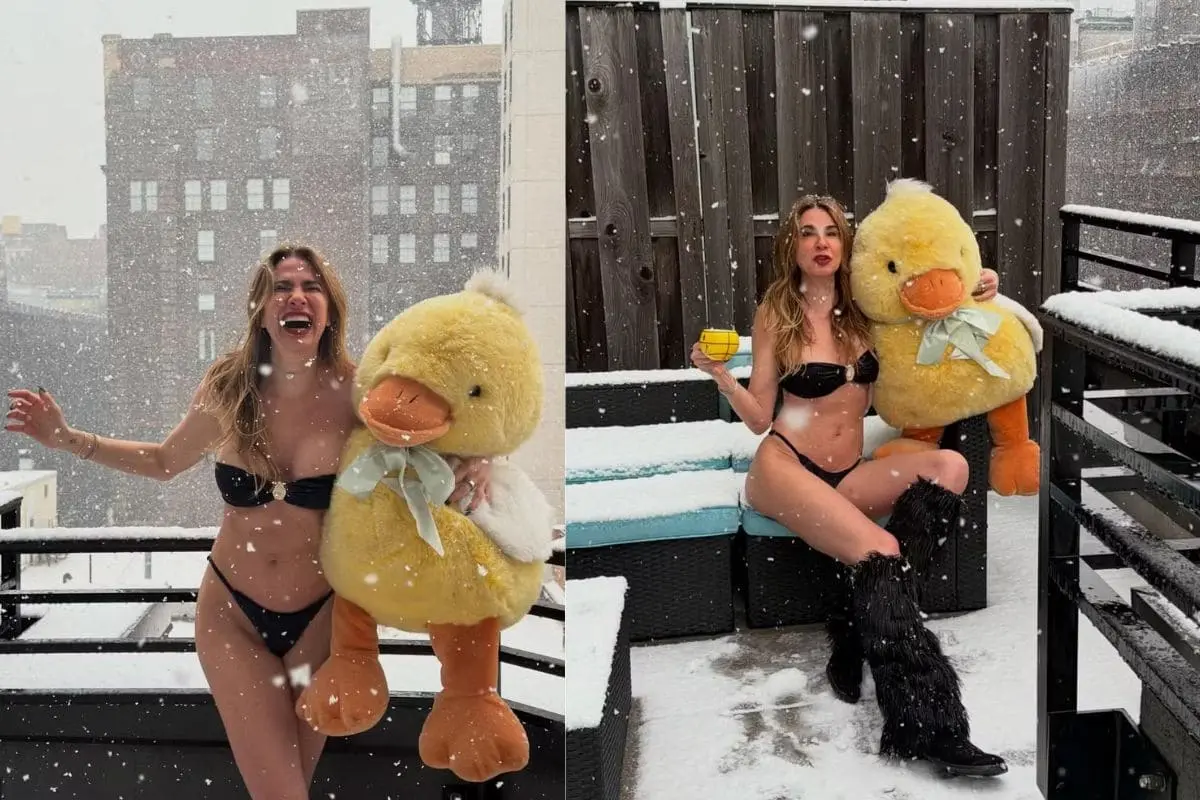 Luciana Gimenez enfrenta nevasca em Nova York posando de biquíni